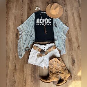 AC/DC Upcycled Band Tee Boho Western Gypsy Chic Flowy Sleeves Small/Medium/Large